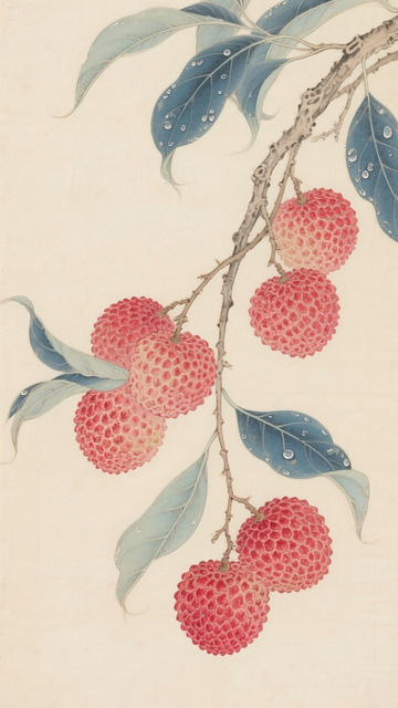 水墨工笔国风荔枝枝叶果实插画素材7
