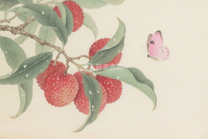 高清大图下载【趣麦麦图】水墨工笔国风荔枝枝叶果实插画素材5