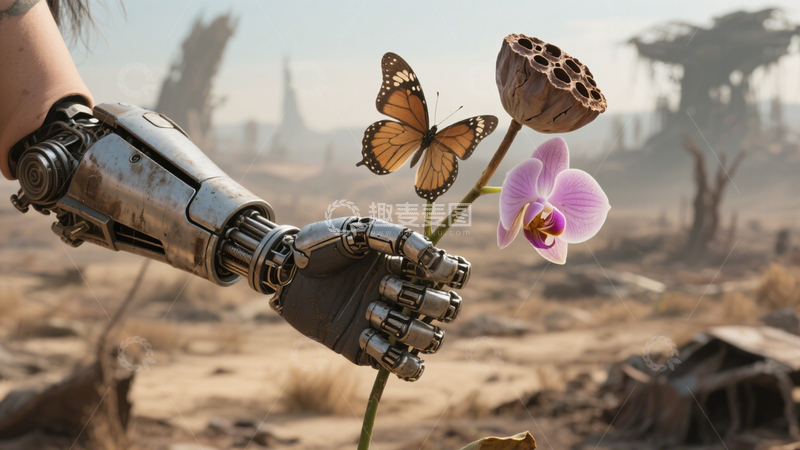 高清大图下载【趣麦麦图】废墟中机械臂的花朵2