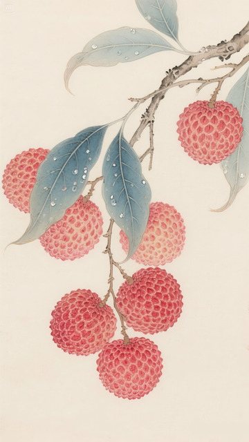 水墨工笔国风荔枝枝叶果实插画素材6