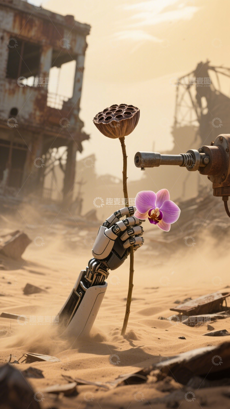 高清大图下载【趣麦麦图】废墟中机械臂的花朵