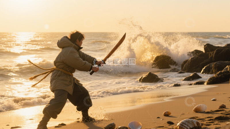 高清大图下载【趣麦麦图】海边武者的夕阳武术2