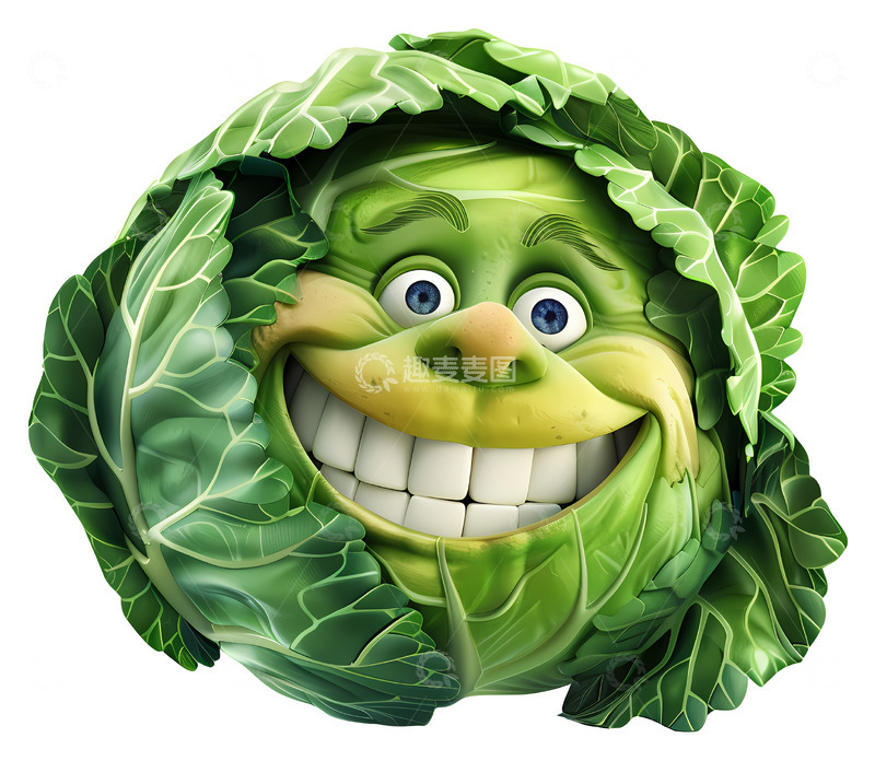 高清大图下载【趣麦麦图】微笑快乐的卷心菜角色3D插画png素材