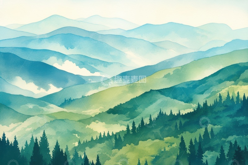 高清大图下载【趣麦麦图】手绘水彩青山远山自然风景