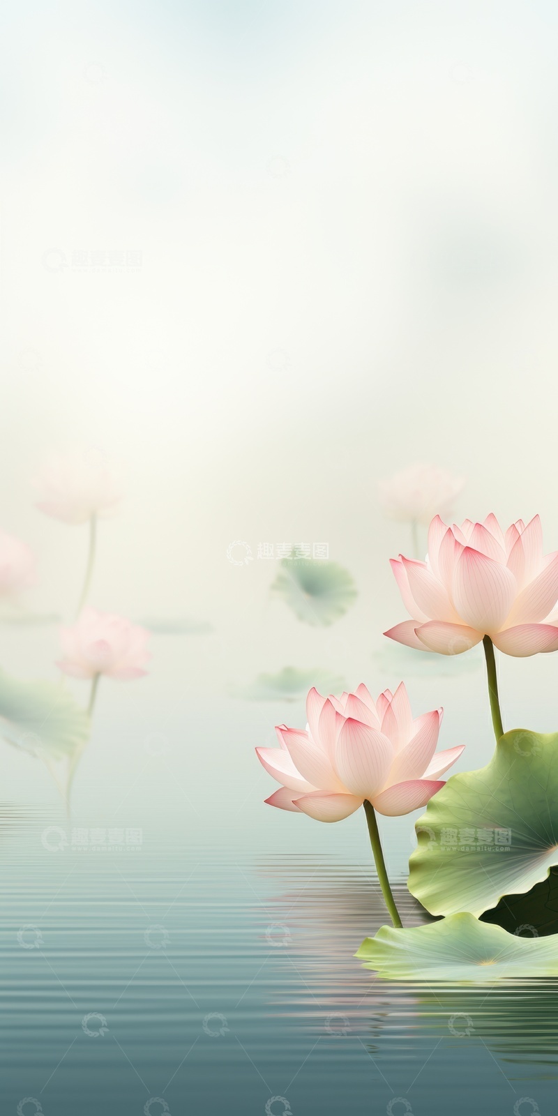 高清大图下载【趣麦麦图】手绘复古风荷花荷叶