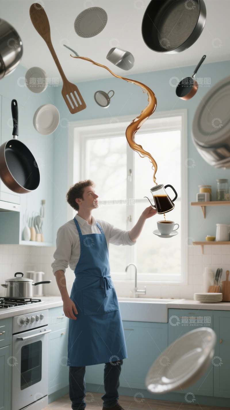 高清大图下载【趣麦麦图】创意厨房的悬浮生活1