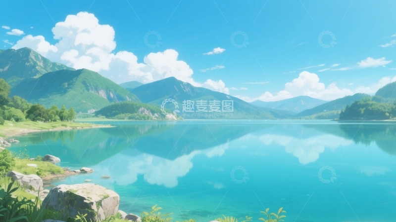 高清大图下载【趣麦麦图】晴云碧湖山影间壁纸