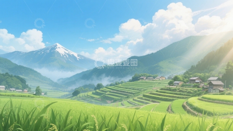 高清大图下载【趣麦麦图】蓝天雪山下的梯田村落壁纸