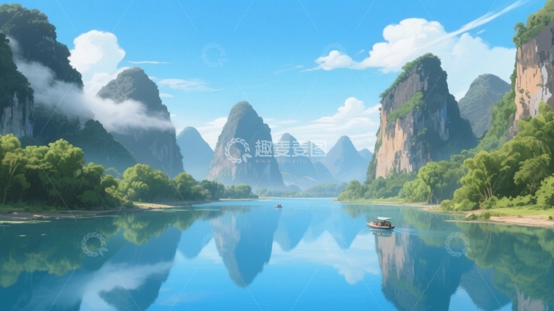 高清大图下载【趣麦麦图】蓝天碧水间的峰林轻舟壁纸