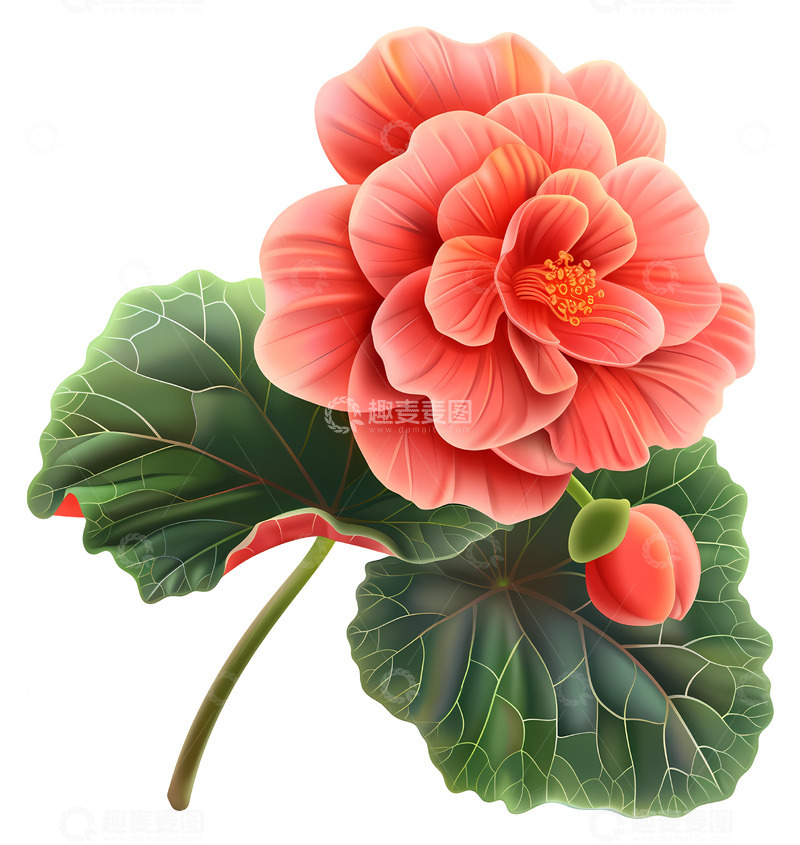 高清大图下载【趣麦麦图】粉色花朵，绿叶繁茂3D插画透明png素材