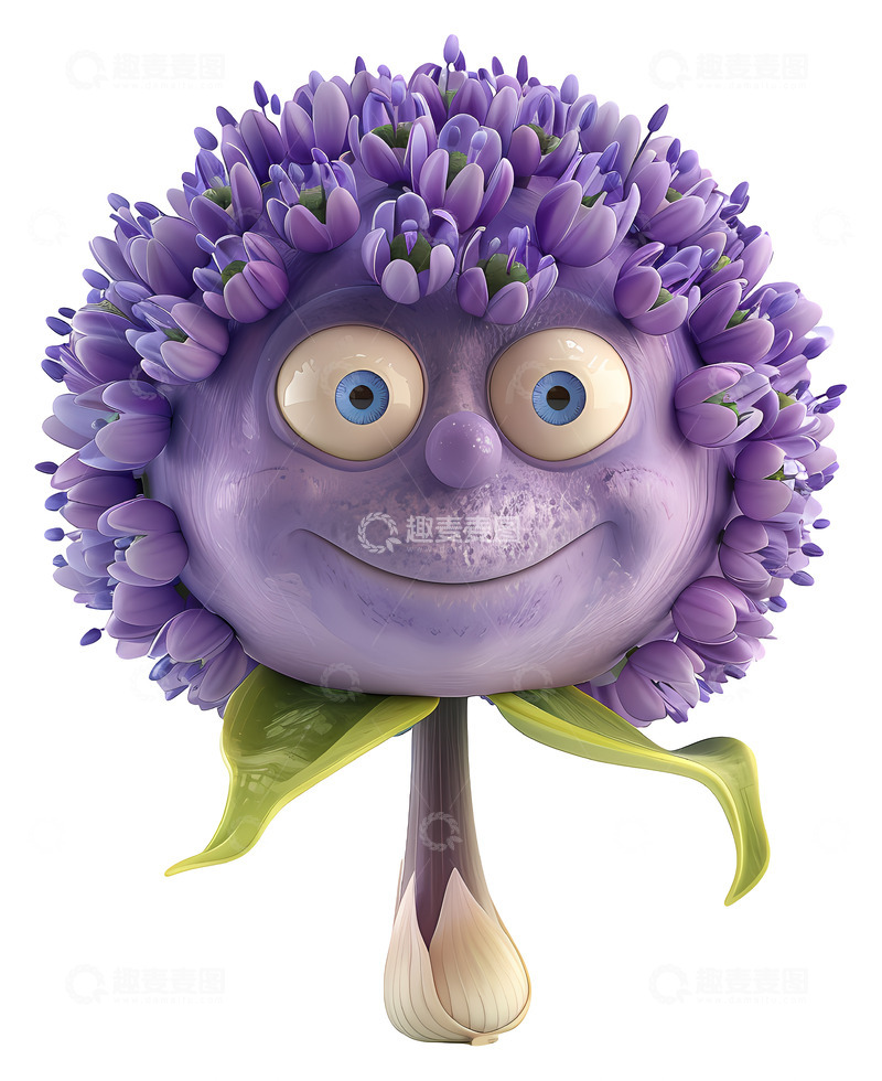 微笑的紫色花朵角色3D插画透明png素材