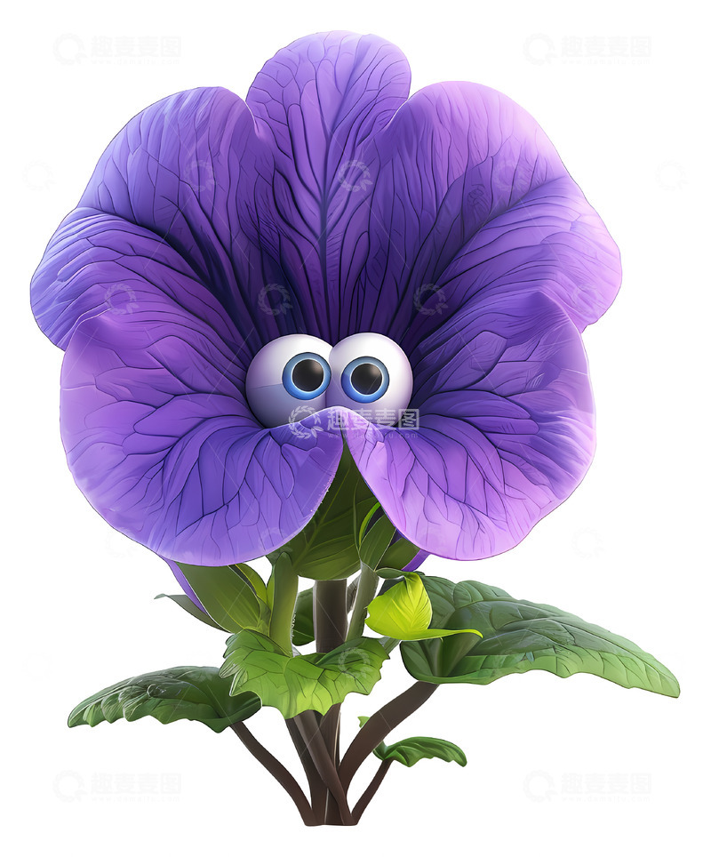 紫色花朵，带眼睛3D插画透明png素材