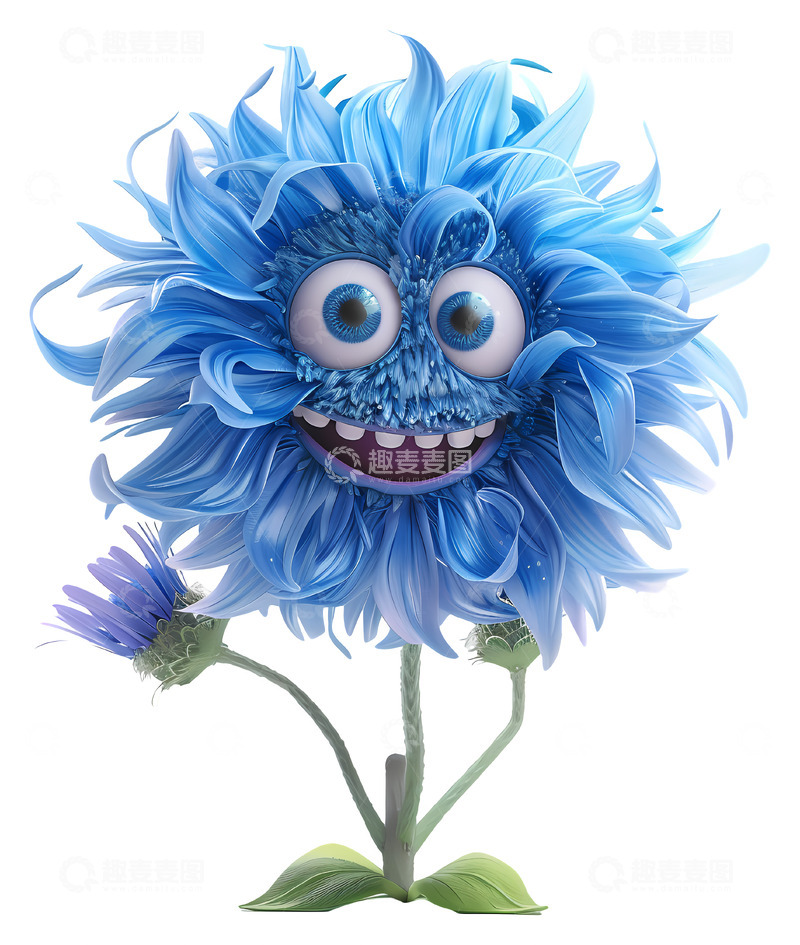 高清大图下载【趣麦麦图】带大眼睛的微笑蓝色花朵3D插画png素材