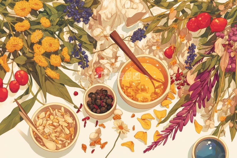 高清大图下载【趣麦麦图】卡通简约桌面上放置的中草药