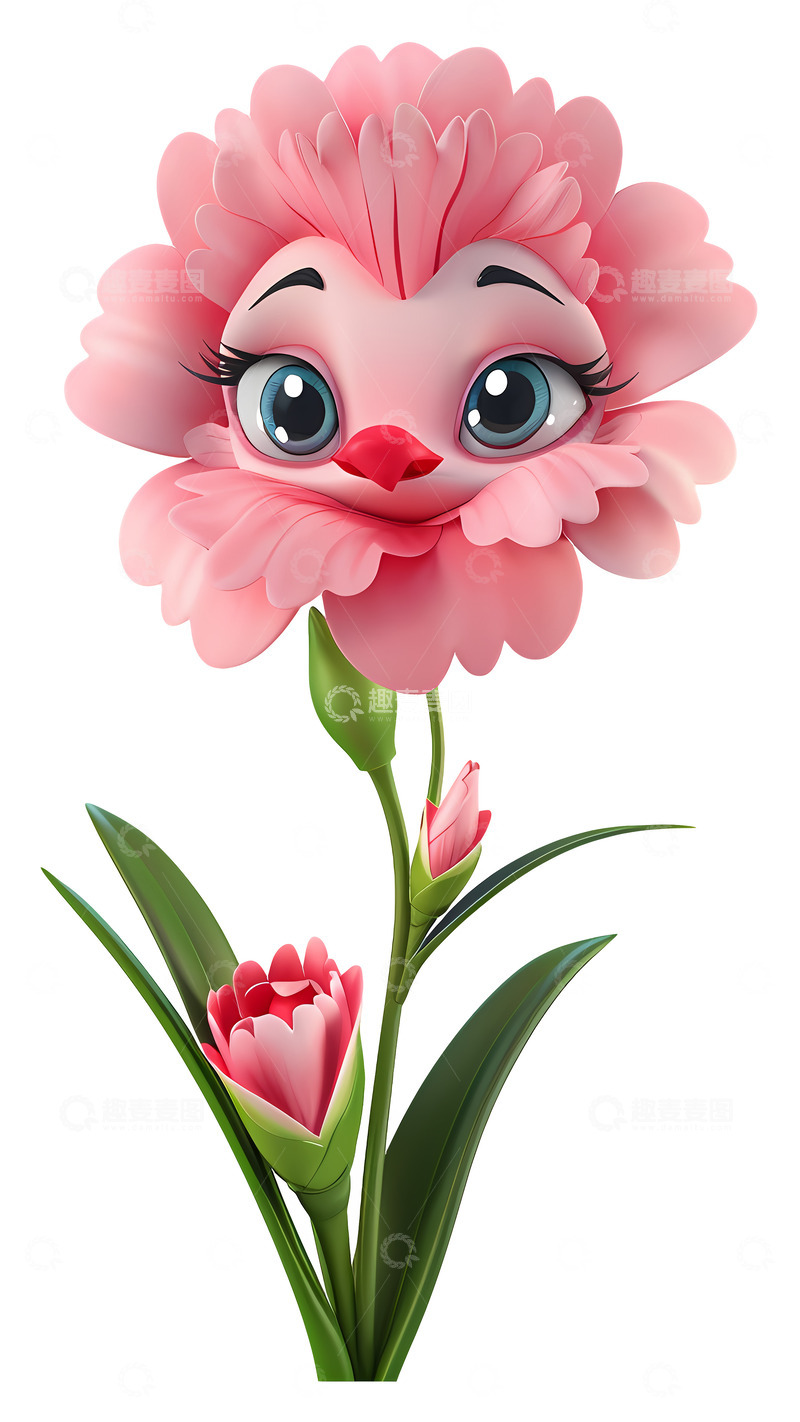 高清大图下载【趣麦麦图】微笑的粉色花朵3D插画透明png素材1
