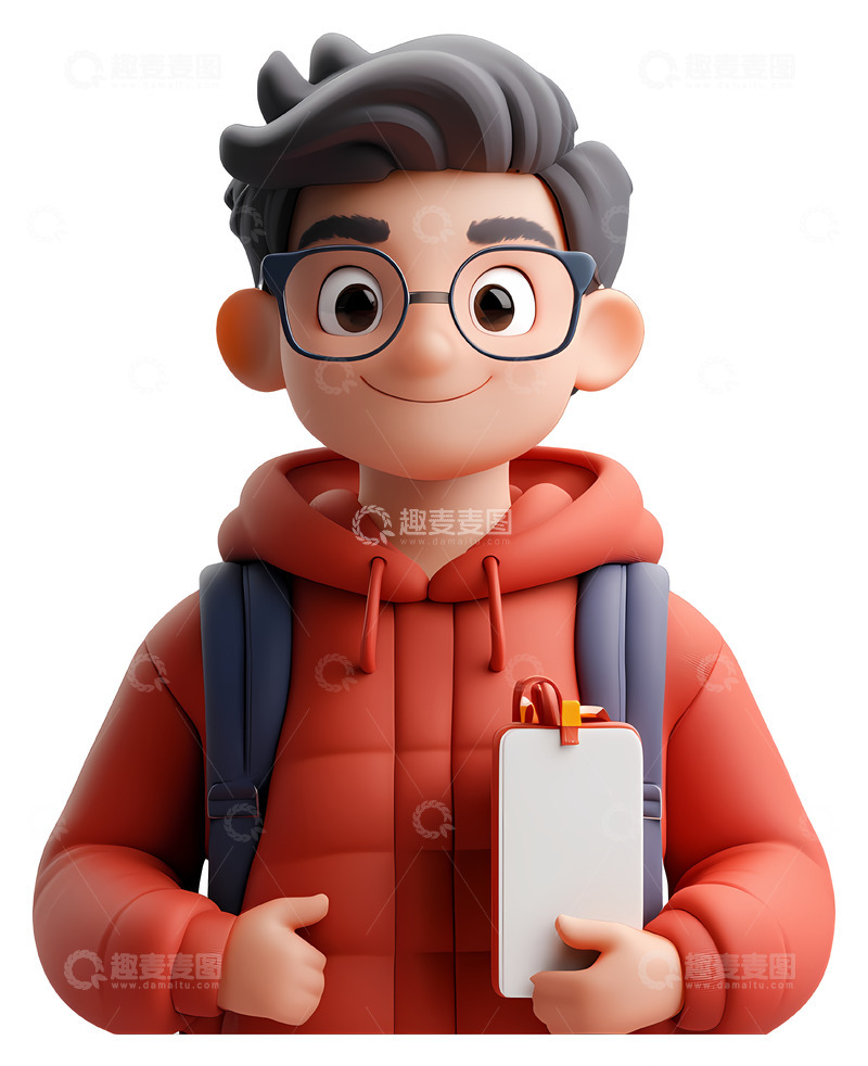 高清大图下载【趣麦麦图】戴着眼镜和背包的角色3D插画png素材