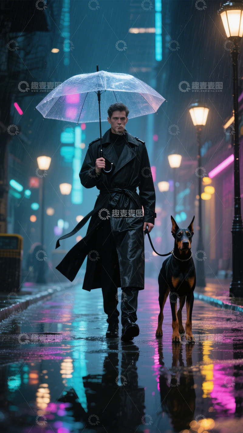 高清大图下载【趣麦麦图】雨夜遛狗的城市漫步