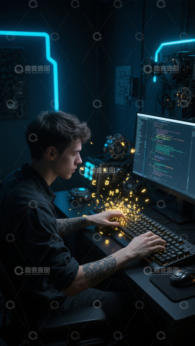高清大图下载【趣麦麦图】科技编程的霓虹代码