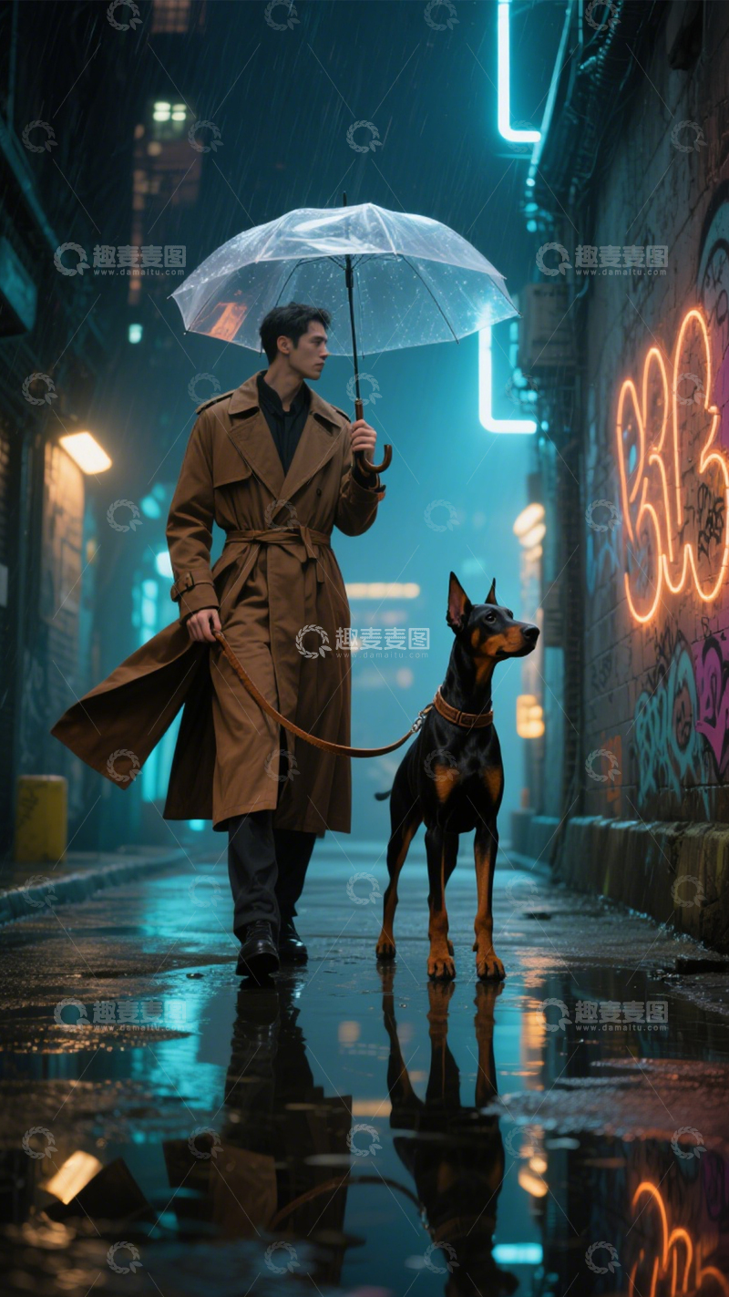 高清大图下载【趣麦麦图】雨夜遛狗的城市漫步1