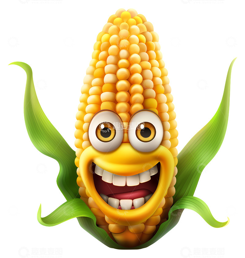 高清大图下载【趣麦麦图】带快乐表情的玉米3D插画png素材