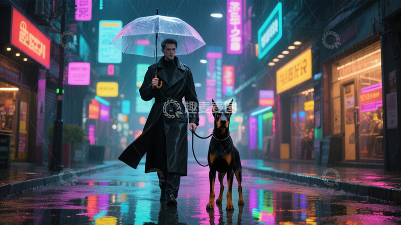 高清大图下载【趣麦麦图】雨夜遛狗的城市漫步3