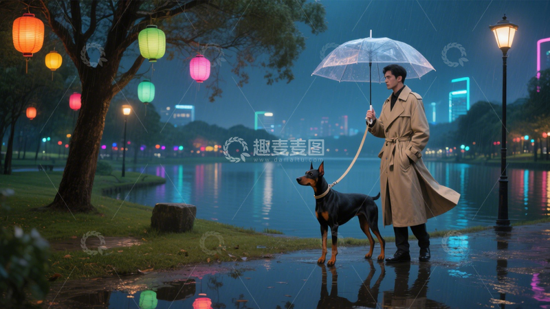 高清大图下载【趣麦麦图】雨夜遛狗的城市漫步2