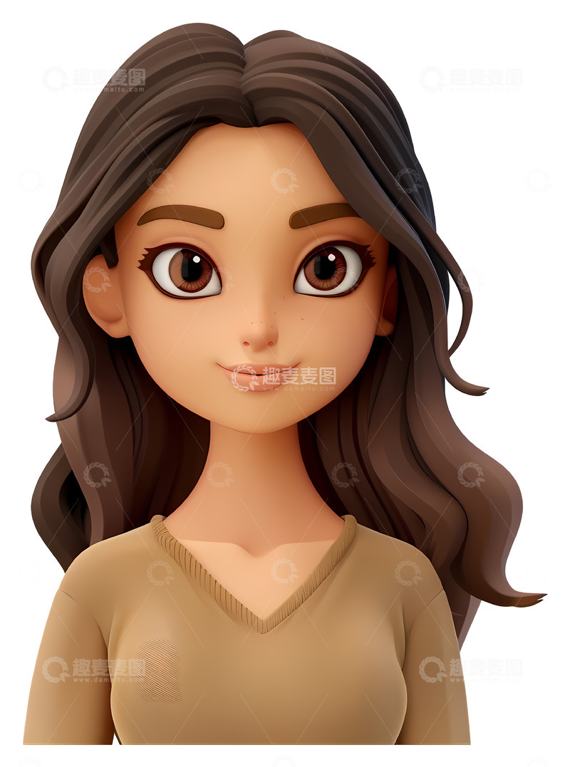 高清大图下载【趣麦麦图】棕色头发的3D女孩3D插画png素材