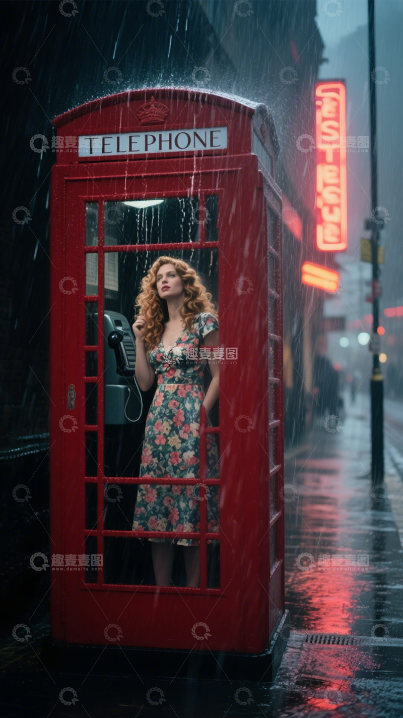 高清大图下载【趣麦麦图】雨夜电话亭的复古时尚3