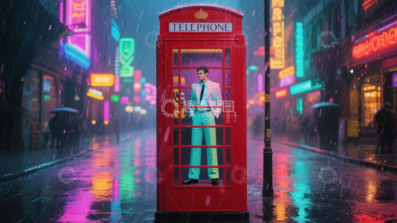 高清大图下载【趣麦麦图】雨夜电话亭的复古时尚2