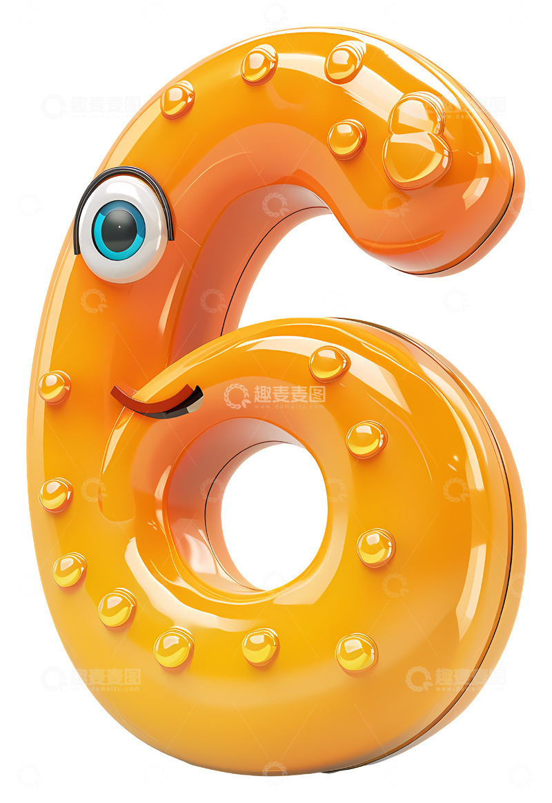 高清大图下载【趣麦麦图】橙色数字6眼睛3D插画免抠透明png素材