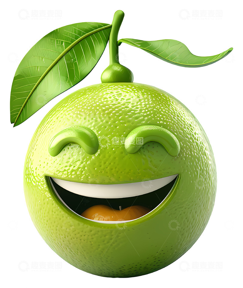 高清大图下载【趣麦麦图】带绿叶的微笑的绿色水果3D插画png素材