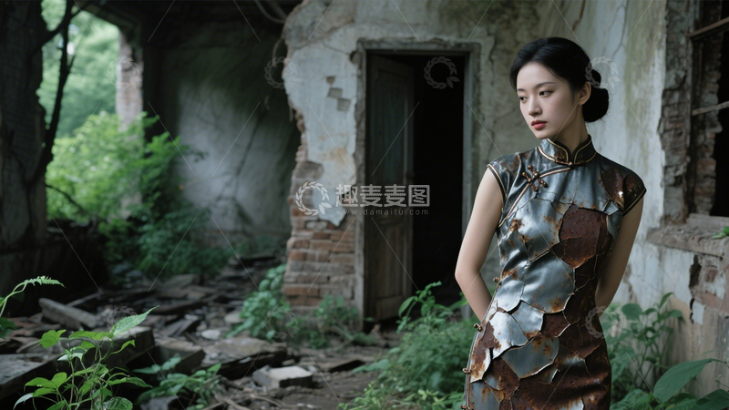高清大图下载【趣麦麦图】废墟旗袍的复古冲突2