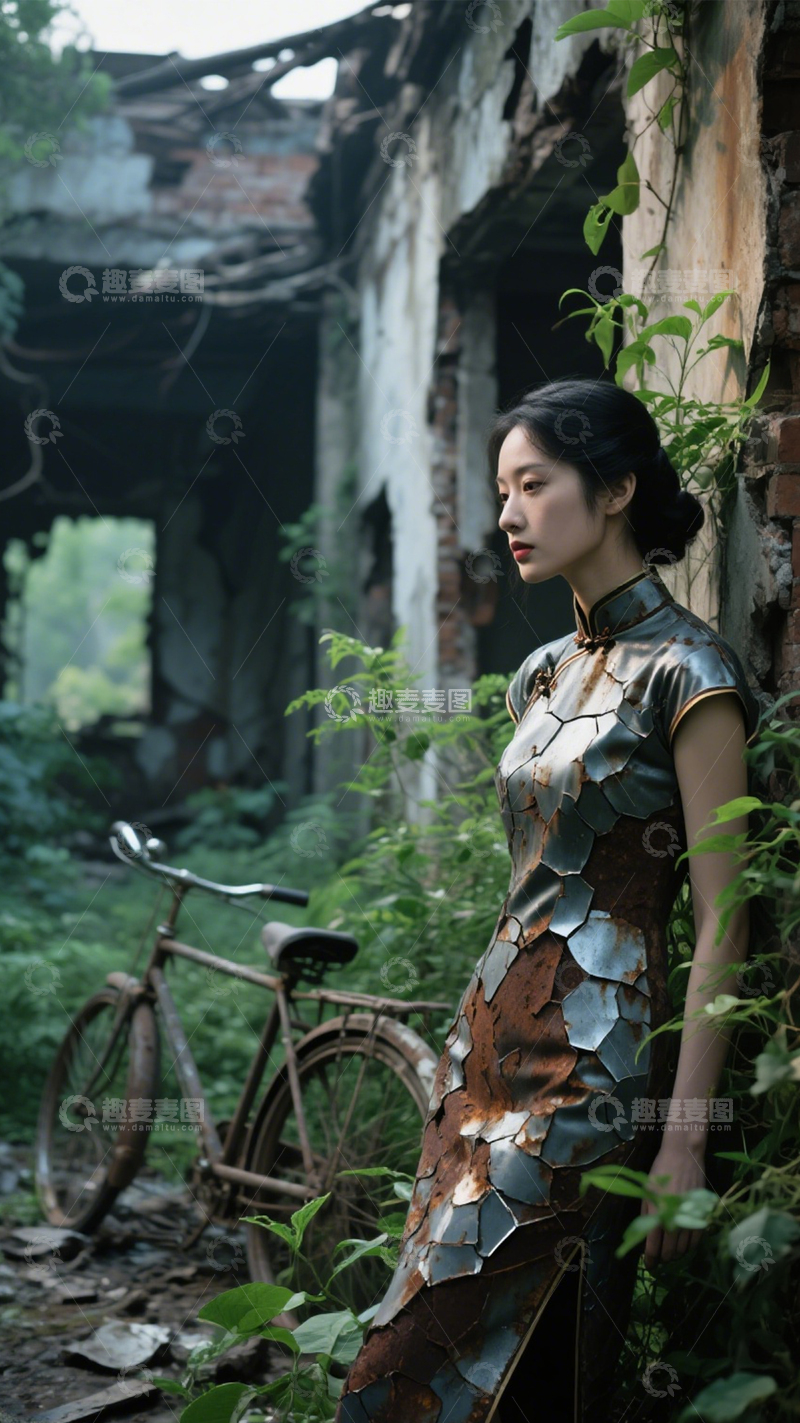 高清大图下载【趣麦麦图】废墟旗袍的复古冲突1