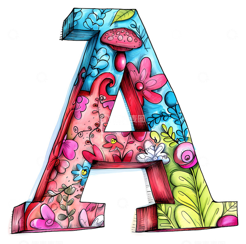 高清大图下载【趣麦麦图】花卉字母A3D卡通插画免抠透明png素材