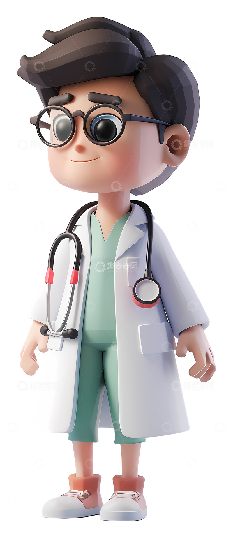 高清大图下载【趣麦麦图】戴听诊器和眼镜的医生3D插画png素材