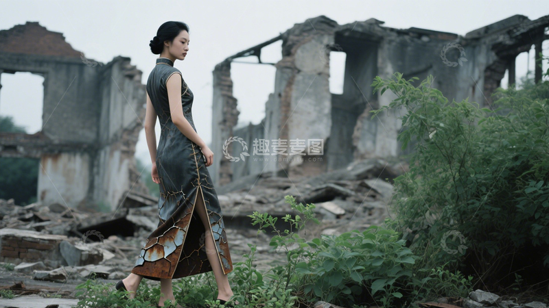 高清大图下载【趣麦麦图】废墟旗袍的复古冲突