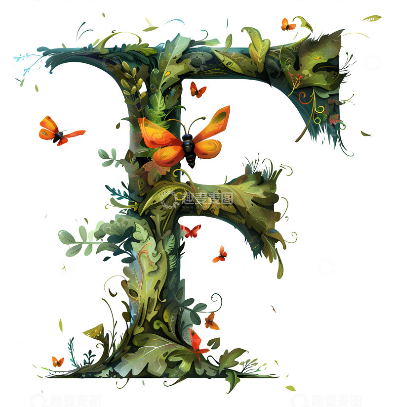 高清大图下载【趣麦麦图】蝴蝶的装饰性字母F3D插画透明png素材