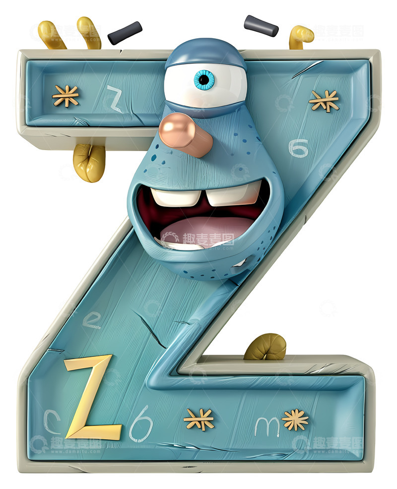 高清大图下载【趣麦麦图】搞笑的蓝色Z字母角色3D插画png素材
