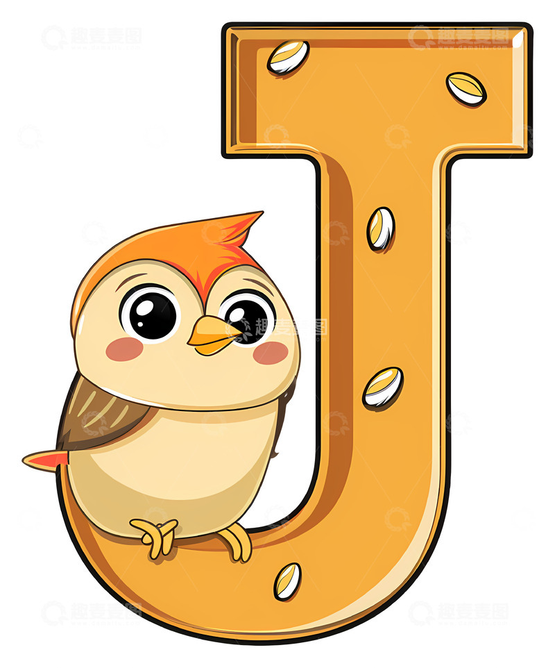 高清大图下载【趣麦麦图】可爱的小鸟在字母J上3D插画png素材