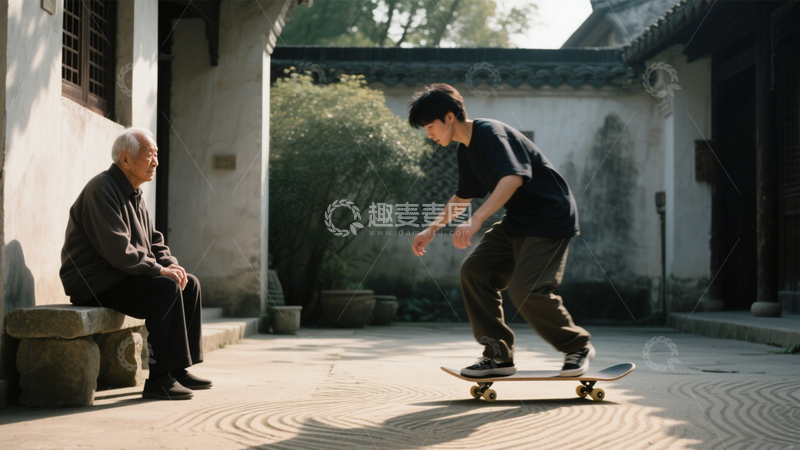 高清大图下载【趣麦麦图】庭院滑板的活力阳光2