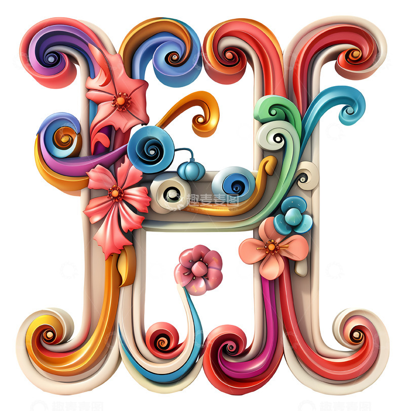高清大图下载【趣麦麦图】装饰性的花卉字母H3D插画透明png素材1