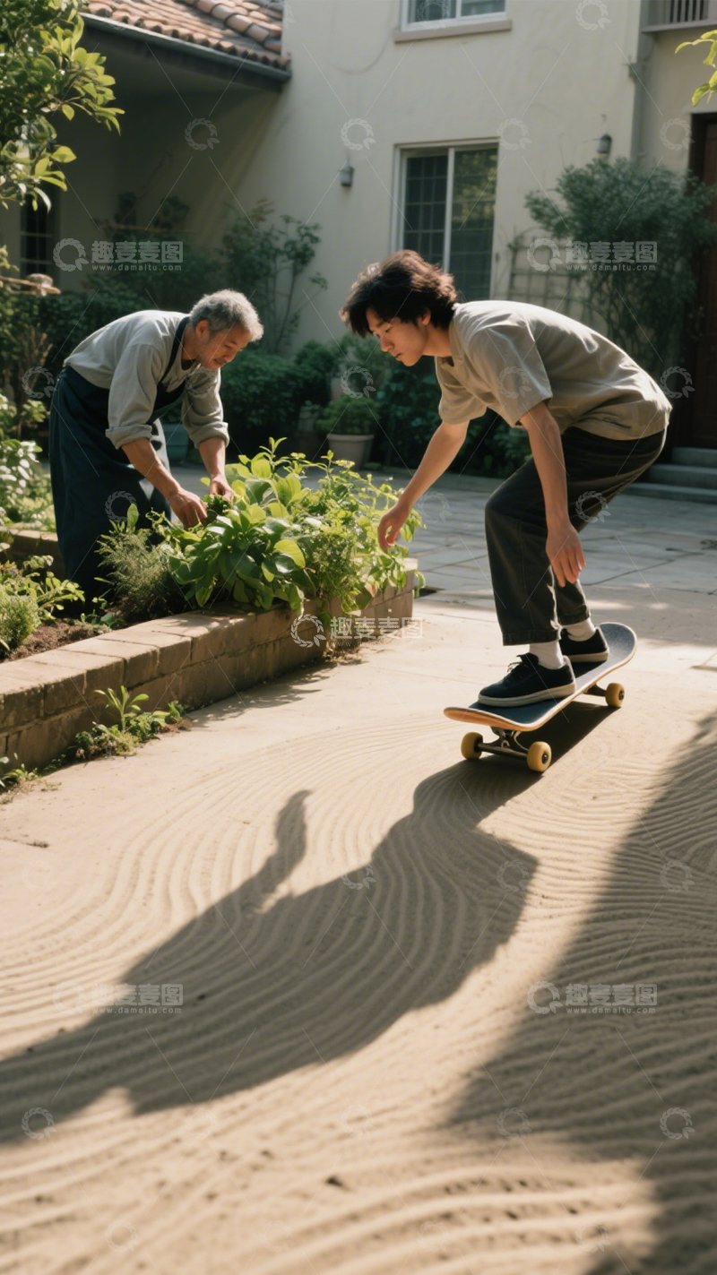 高清大图下载【趣麦麦图】庭院滑板的活力阳光