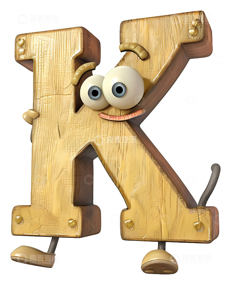 高清大图下载【趣麦麦图】眼睛和微笑的木制字母K3D插画png素材