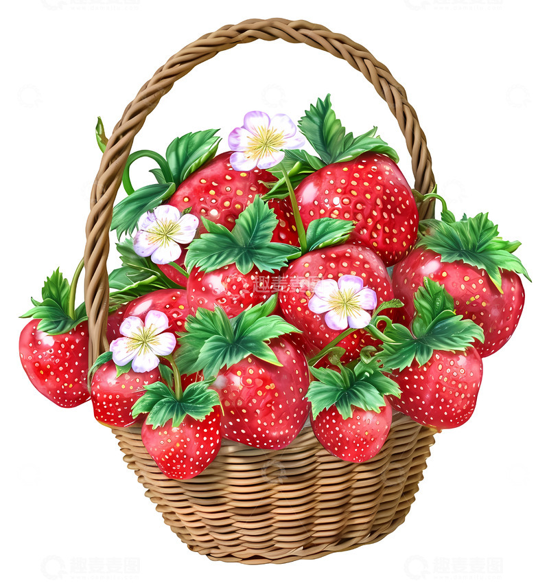 高清大图下载【趣麦麦图】满是新鲜红草莓的篮子3D插画png素材