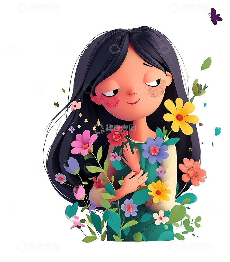 高清大图下载【趣麦麦图】女孩被五颜六色的花围绕3D插画png素材
