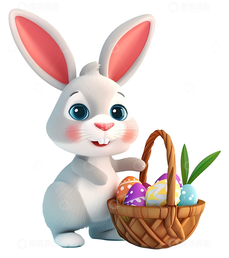 高清大图下载【趣麦麦图】可爱的复活节兔子鸡蛋篮3D插画png素材