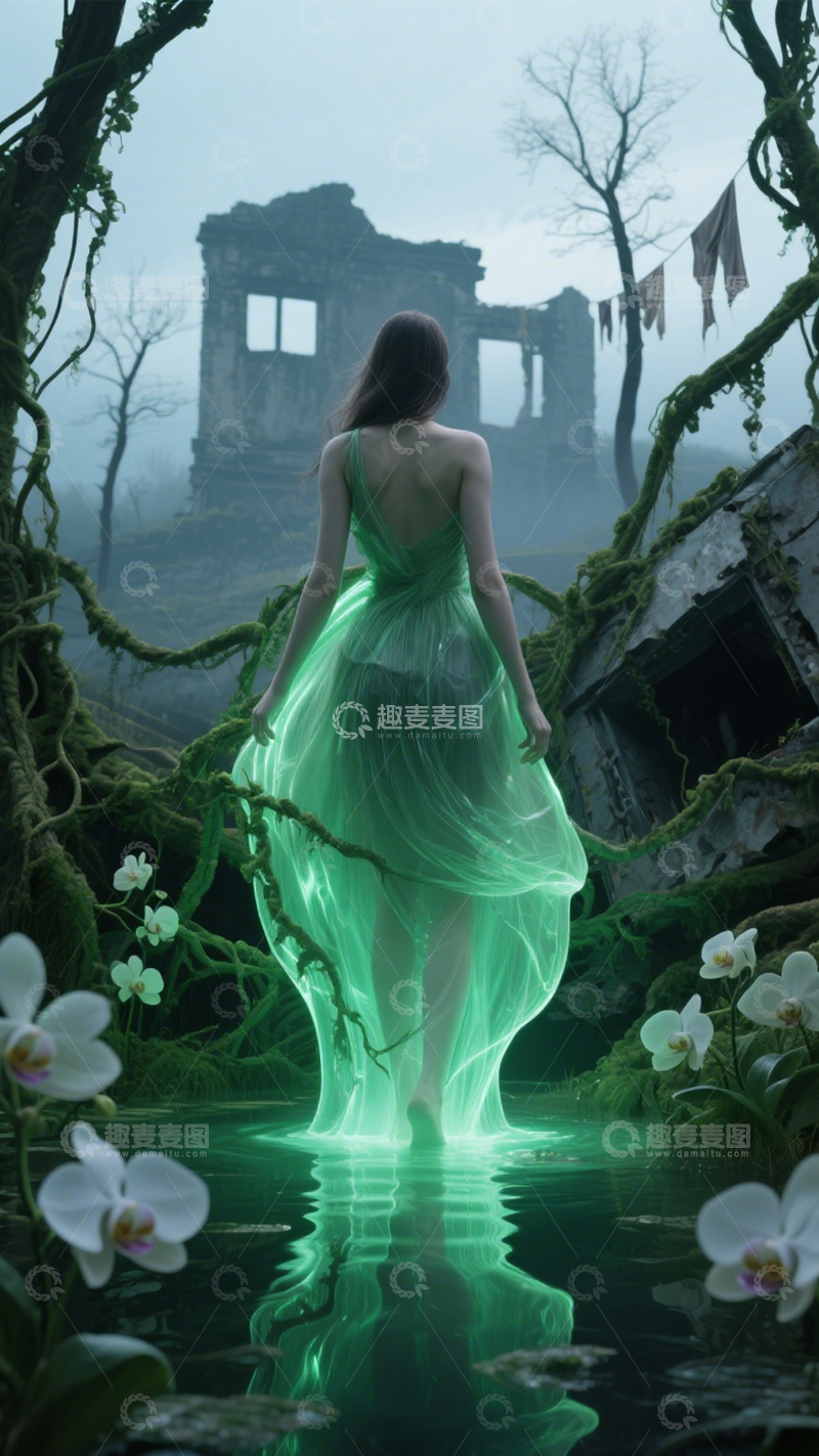 高清大图下载【趣麦麦图】废墟灵韵的绿光背影2
