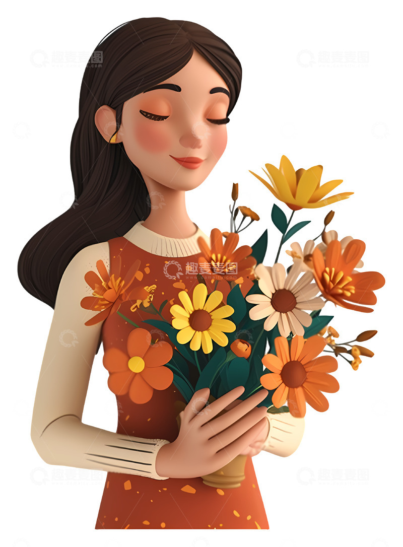 高清大图下载【趣麦麦图】-女士抱着一束花3D插画免抠透明png素材