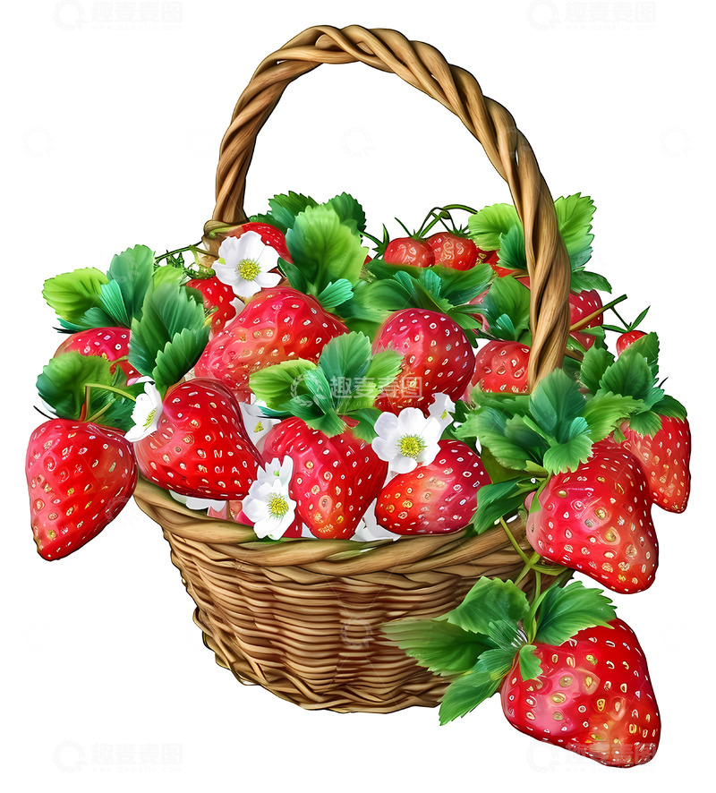 高清大图下载【趣麦麦图】装满草莓和花的篮子3D插画透明png素材