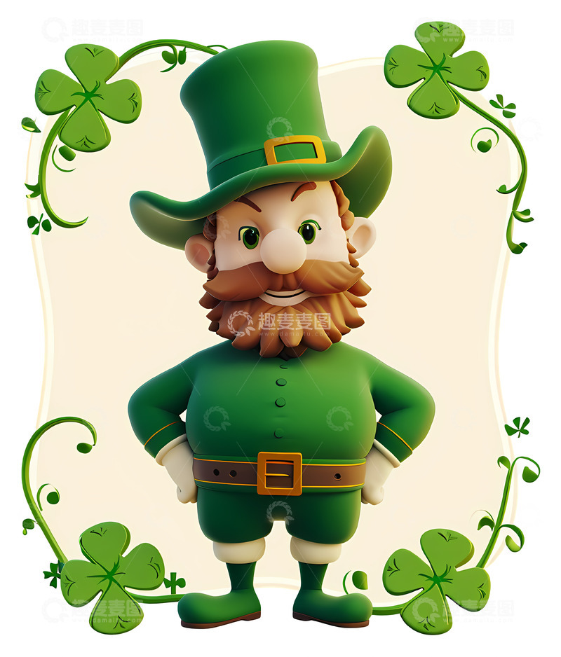 高清大图下载【趣麦麦图】绿色小矮人三叶草框架3D插画png素材